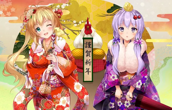 Kawaii, girl, new year, Vocaloid, bird, umbrella, anime, feathers