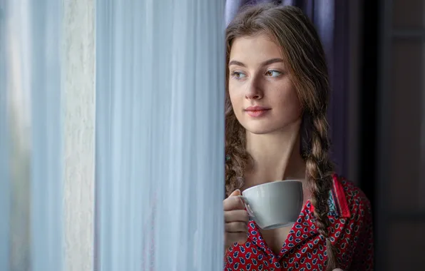 Picture look, girl, window, Cup, curtains, saucer, braids, Rus