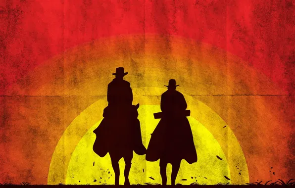 Sunset, silhouette, glow, cowboys