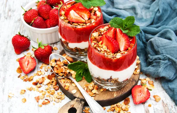 Breakfast, strawberry, spoon, glasses, mint, syrup, muesli, Yogurt
