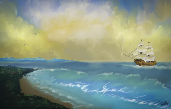 Sea, wave, the sky, shore, ship, seagulls, art, painting