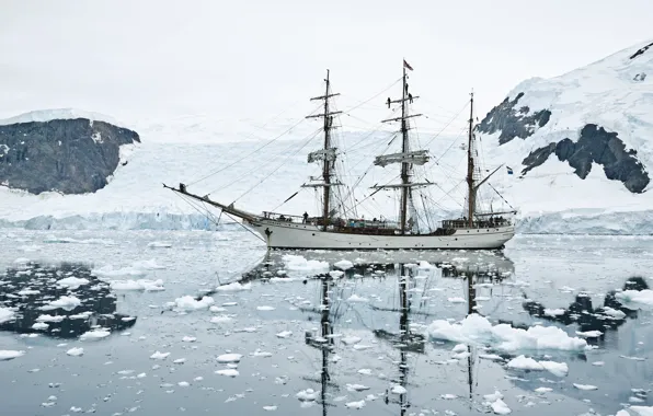 Sea, snow, mountains, sailboat, Antarctica, Bark Europe