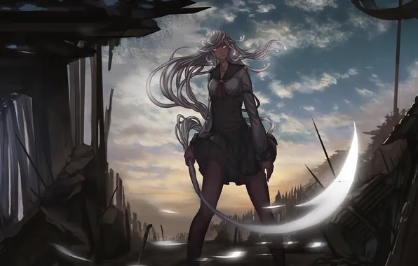 The sky, girl, clouds, hair, anime, art, ruins, bakemonogatari