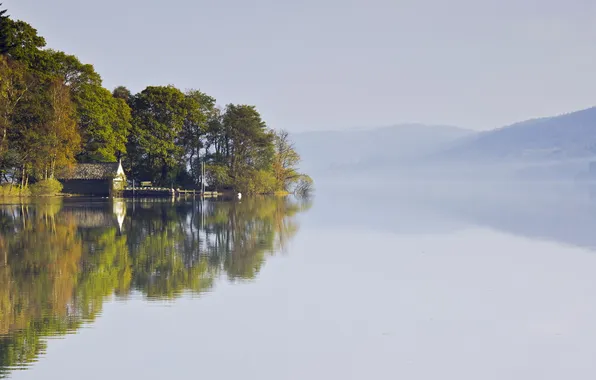 Picture landscape, fog, lake, house