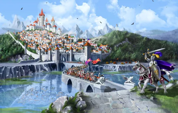 Picture forest, mountains, bridge, city, the city, lake, castle, horses, fantasy, the middle ages, knights, bridge, …