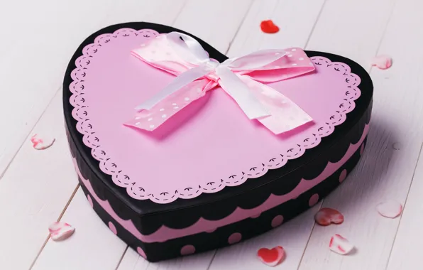 Box, heart, hearts, cake, pink, bow, Valentine's day, ribbon