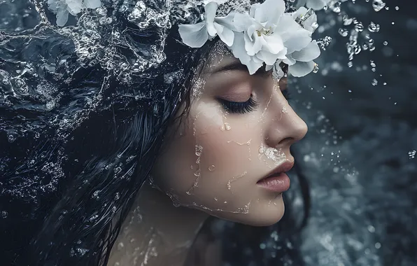 Water, girl, drops, flowers, squirt, face, pose, portrait