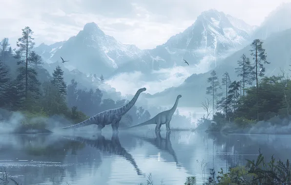 Water, Mountains, Trees, River, Two, Animals, Digital art, Dinosaurs