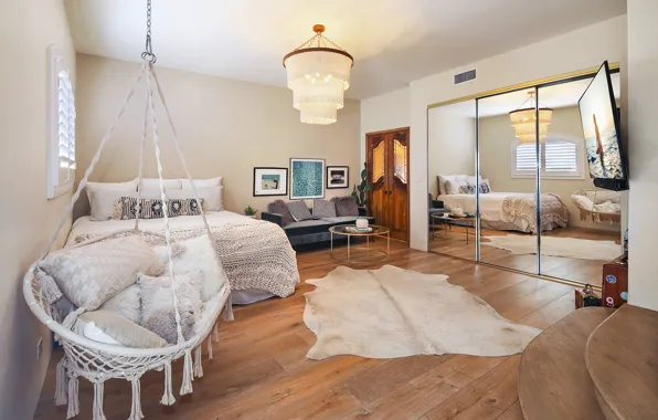 Design, bed, pillow, door, chandelier, pictures, fur, bedroom