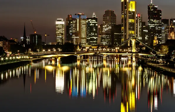 Night, bridge, lights, reflection, home, Germany, Frankfurt am main