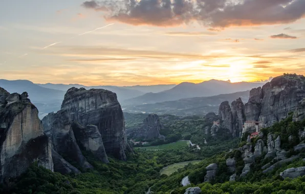 The sky, the sun, clouds, light, sunset, mountains, fog, rock