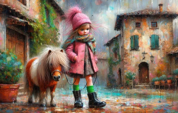 Autumn, house, rain, street, hat, home, girl, pony