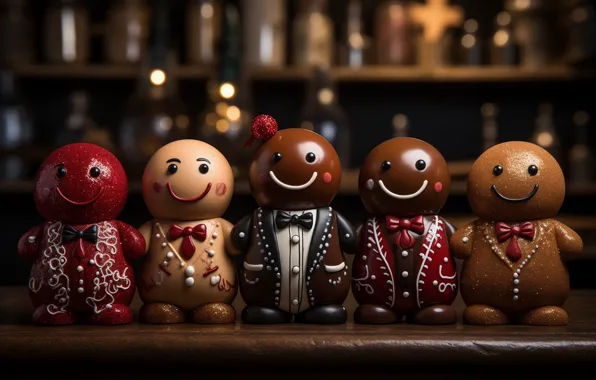 The dark background, men, cookies, Christmas, outfit, New year, company, faces