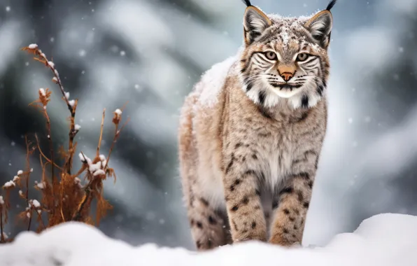 Winter, look, snow, nature, pose, lynx, face, AI art