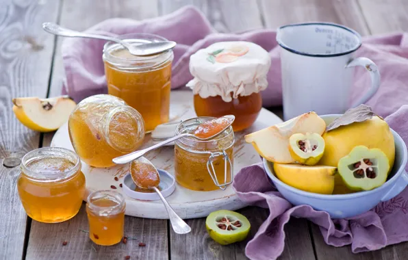 Picture jars, dishes, banks, fruit, jam, jam, quince, spoon