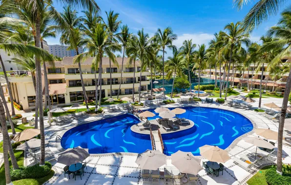Palm trees, pool, Mexico, resort, Mexico, Jalisco, Villa-del-Mar, Puerto-Puerto Vallarta