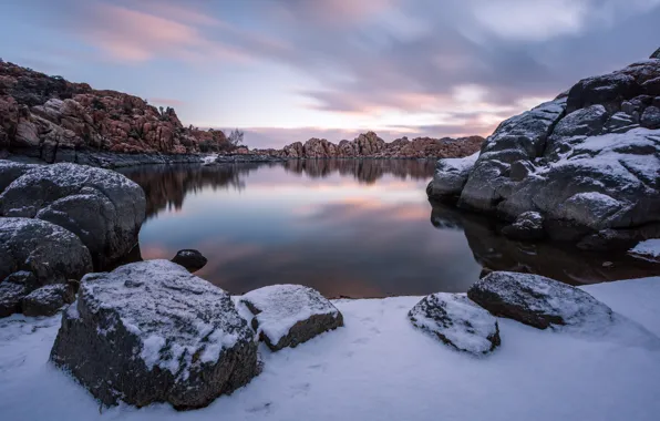 Winter, lake, sunrise, morning, Arizona, Prescott, Watson Lake