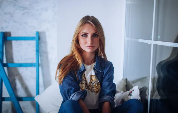 Picture glass, women, window, blonde, portrait, pants, sensual gaze, denim shirt