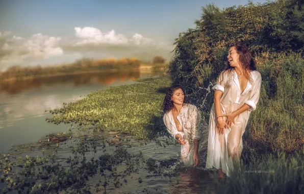 Summer, water, nature, pose, river, girls, mood, laughter