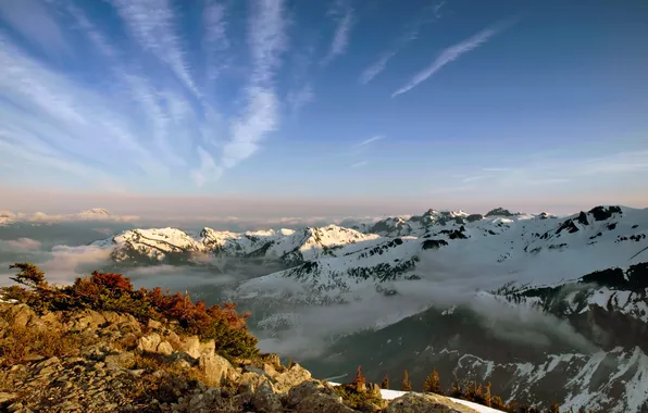 The sky, the sun, clouds, light, snow, trees, mountains, stones