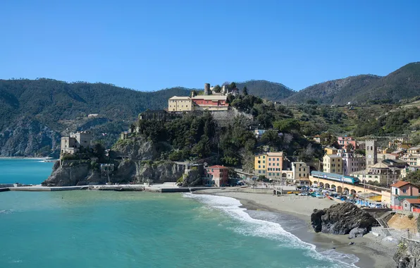 Beach, mountains, rocks, train, home, town, Italy, Liguria
