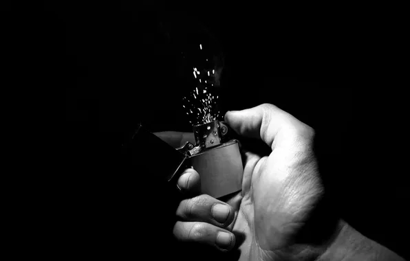 Picture metal, hand, spark, lighter, black and white