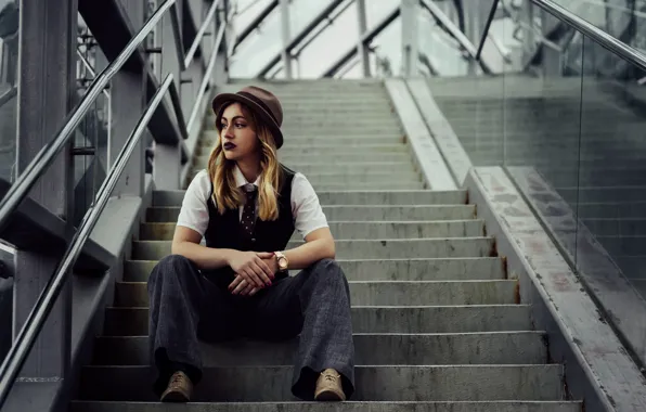 Picture girl, style, hat, ladder, pants