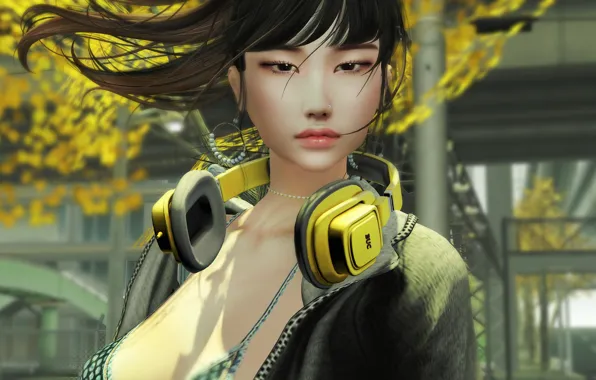 Picture summer, look, girl, face, the wind, hair, headphones