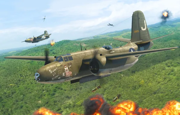 Picture Flight, USA, Art, Douglas A-20 Havoc, Attack, Medium bomber, The bombing, Attack aircraft