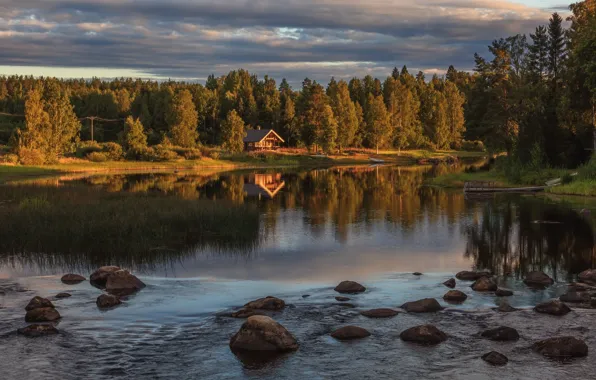 Picture autumn, forest, landscape, nature, lake, house, stones, Bank