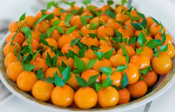 Fruit, leaves, orange, a lot, dessert, sweet, dish, syrup