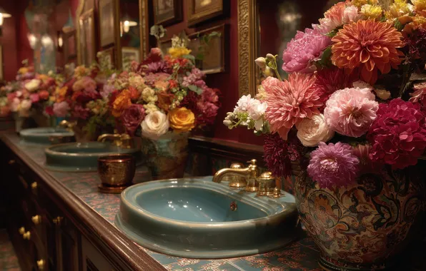 Flowers, wall, roses, interior, crane, pink, luxury, different