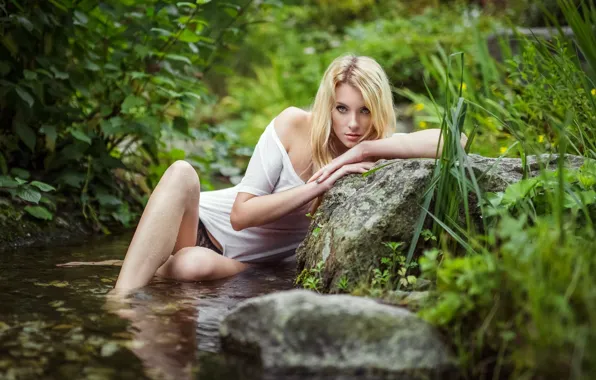 Greens, grass, look, nature, pose, stones, panties, wet