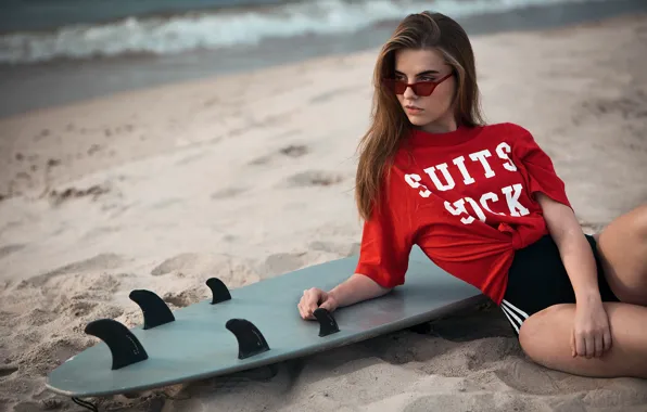 Sand, girl, pose, glasses, t-shirt, Board, surfing, Micha Paskevich