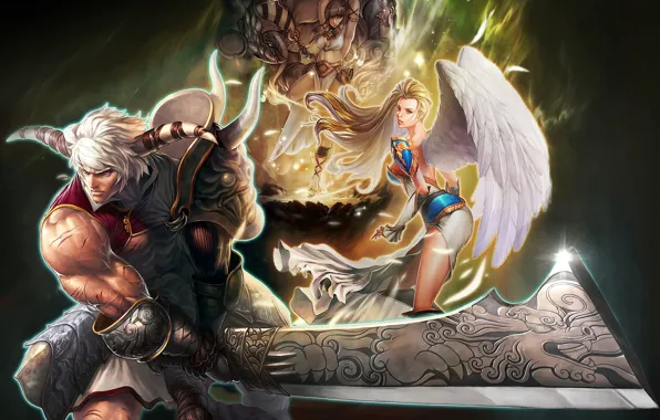 Picture girl, sword, warrior, horns, male, Maestia