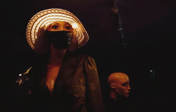 Look, girl, hat, mask, dummy, black background, mannequins, pandemic