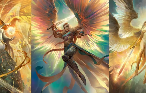 Girl, magic, heaven, wings, angel, sword, feathers, art