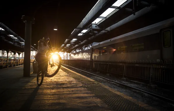 Sunset, street, train, railroad, sunshine, street, red bull, mtb