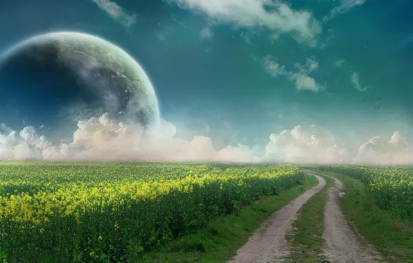 Picture road, field, the sky, clouds, planet