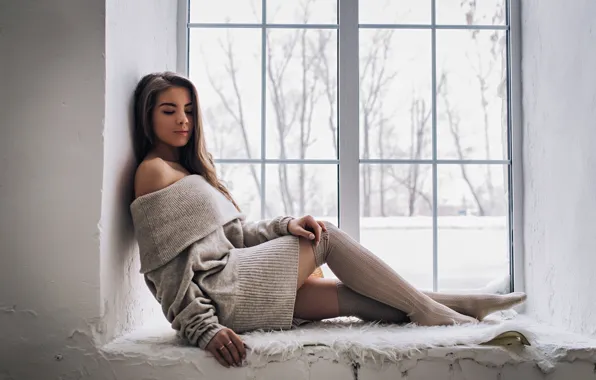 Girl, pose, stockings, makeup, dress, brunette, window, hairstyle
