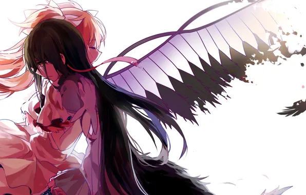 Girl, wings, anime, feathers, tears, art, hugs, mahou shoujo madoka magica