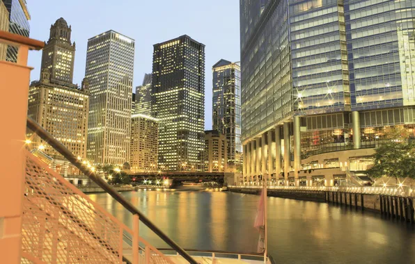 The city, lights, river, skyscrapers, the evening, Chicago, Il