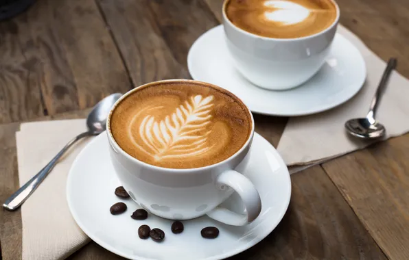 Picture pattern, cappuccino, coffee beans, foam, napkin, spoon