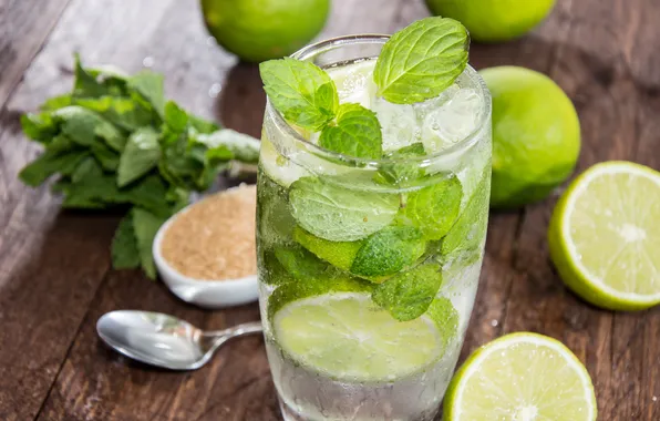 Ice, spoon, cocktail, sugar, lime, ice, mint, cocktail