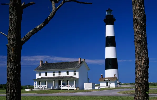 The sky, trees, shore, lighthouse, home