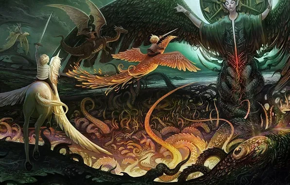 Picture dragon, tale, unicorn, Phoenix, legend, myths