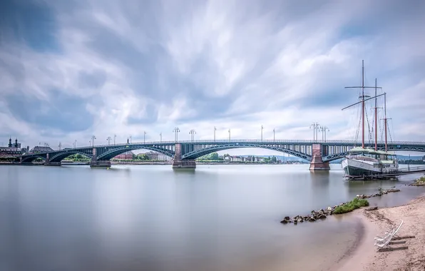 Bridge, Strait, ship, Germany, Wiesbaden