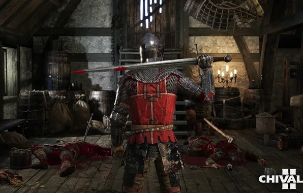 Blood, sword, armor, soldiers, knight, corpses, bags, the barn