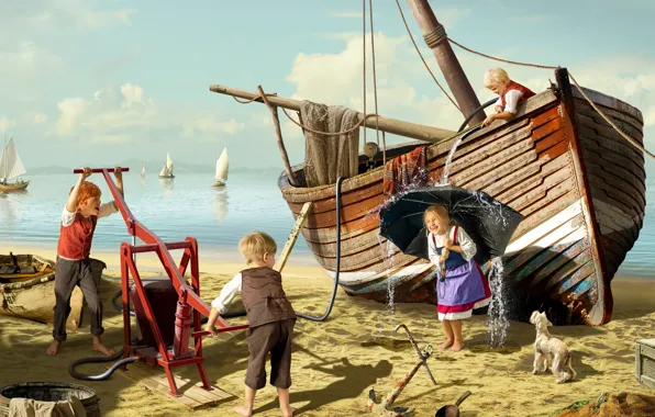 Picture sand, sea, water, children, dog, boats, umbrella, girl