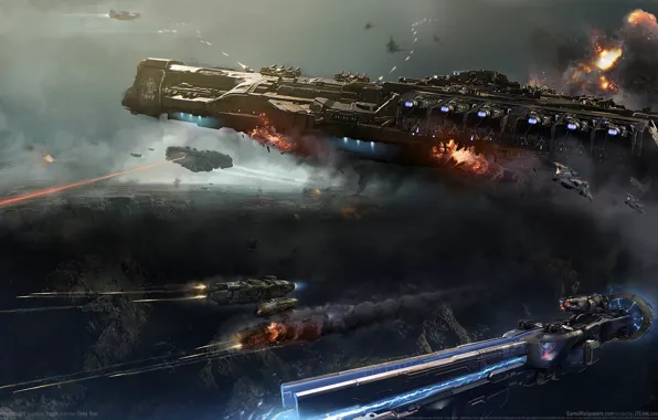 Space, rays, fiction, planet, ships, battle, lasers, Dreadnought